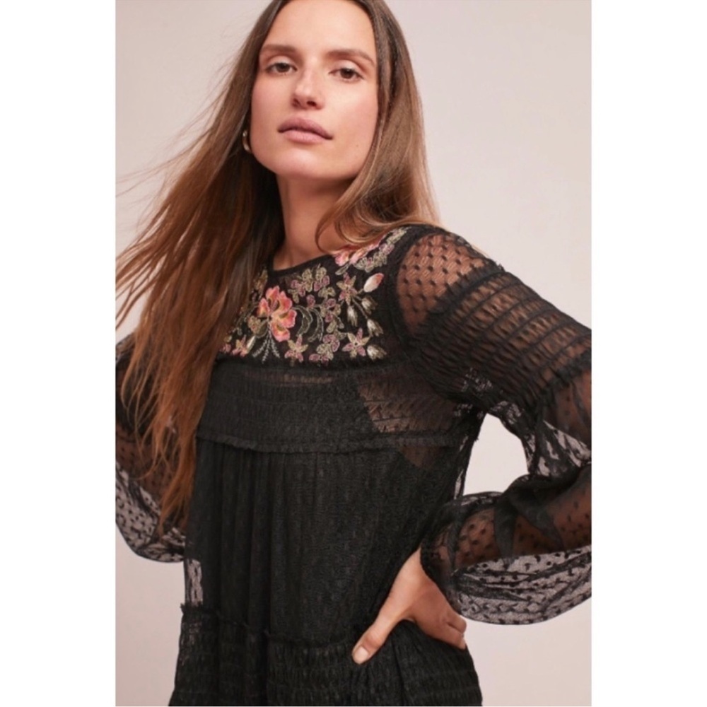 Maeve Anthropologie Womens Black Samara Mesh lace Floral ruffles Dress S boho - Picture 3 of 11